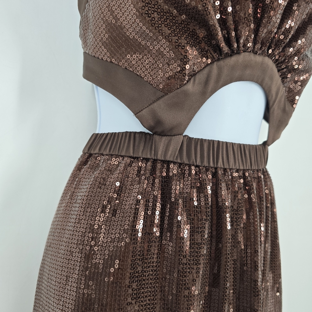 Staud Katharine Brown Cutout Sequin Maxi Dress Gown Halter Top Size M - Picture 4 of 13